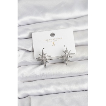 Gümüş Renk Pirinç Çift Taraflı Kutup Yıldızı Kadın Küpe