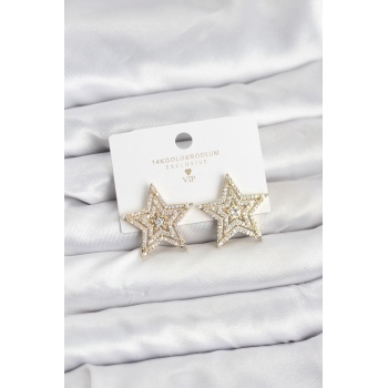 Gold Renk Pirinç Zirkon Taşlı Yıldız Model Kadın Küpe