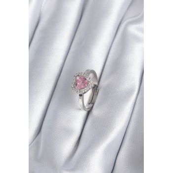 Pirinç Gümüş Renk Pembe Zirkon Taşlı Charm Model Kadın Yüzük