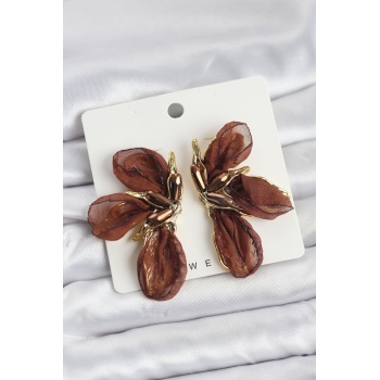 Lotus Model Kahverengi Renk Tüllü Kadın Küpe