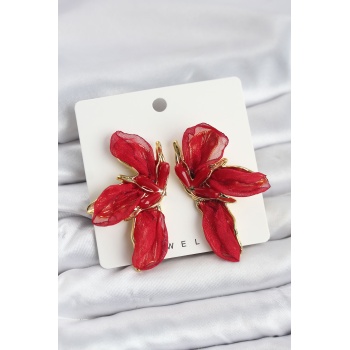 Lotus Model Kırmızı Renk Tüllü Kadın Küpe