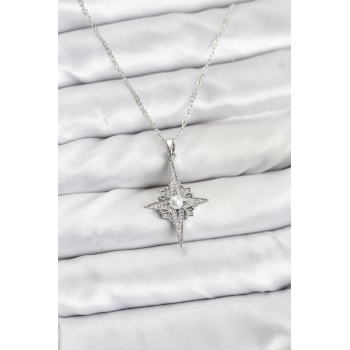 316L Çelik Zincir Gümüş Renk Kutup Yıldızı Model Zirkon Taşlı Kadın Kolye