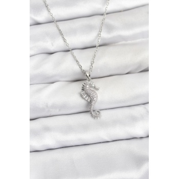 316L Çelik Zincir Gümüş Renk Deniz Atı Model Zirkon Taşlı Kadın Kolye