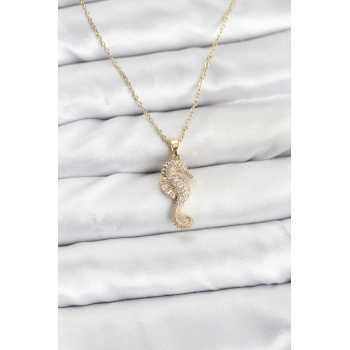 316L Çelik Zincir Gold Renk Deniz Atı Model Zirkon Taşlı Kadın Kolye