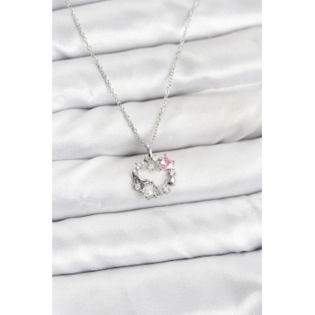 316L Çelik Zincir Gümüş Renk Pembe Taş Detaylı Çelenk Model Kadın Kolye