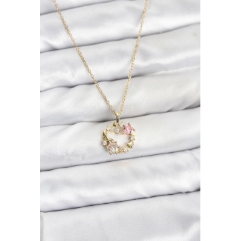 316L Çelik Zincir Gold Renk Pembe Taş Detaylı Çelenk Model Kadın Kolye