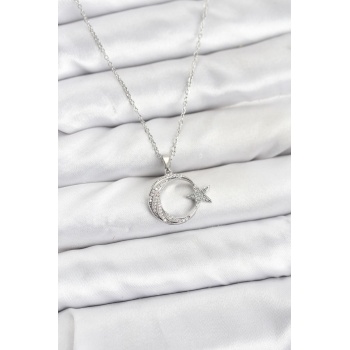 316L Çelik Zincir Gümüş Renk Ay Yıldız Model Zirkon Taşlı Kadın Kolye