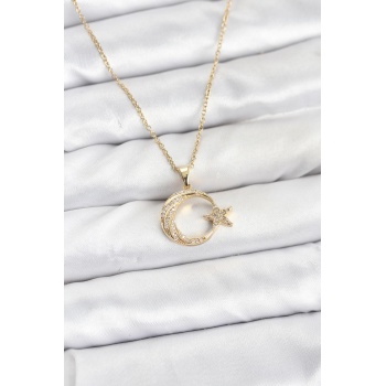 316L Çelik Zincir Gold Renk Ay Yıldız Model Zirkon Taşlı Kadın Kolye