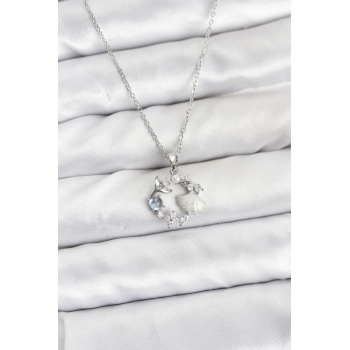 316L Çelik Zincir Gümüş Renk Deniz Tema Model Zirkon Taşlı Kadın Kolye