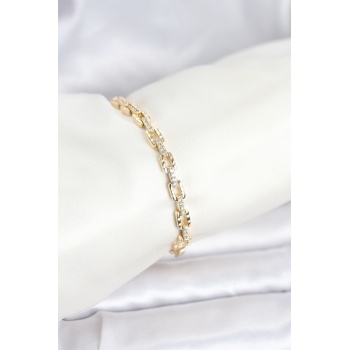 Pirinç Gold Renk VIP Seri Zincir Model Zirkon Taşlı Kadın Bileklik