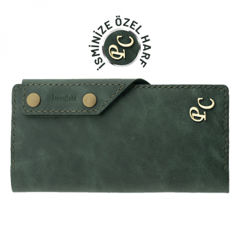 İsme Özel Dikey Çıtçıtlı Uzun Cüzdan - %100 Rainbow Deri - A010006 - Haki