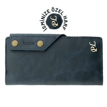 İsme Özel Dikey Çıtçıtlı Uzun Cüzdan - %100 Rainbow Deri - A010006 - Lacivert