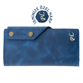 İsme Özel Dikey Çıtçıtlı Uzun Cüzdan - %100 Rainbow Deri - A010006 - Saks Mavisi