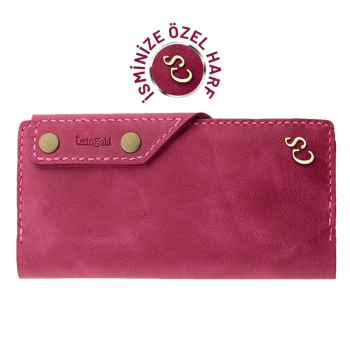 İsme Özel Dikey Çıtçıtlı Uzun Cüzdan - %100 Rainbow Deri - A010006 - Fuşya