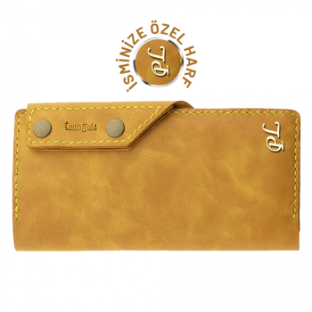 İsme Özel Dikey Çıtçıtlı Uzun Cüzdan - %100 Rainbow Deri - A010006 - Hardal Sarısı