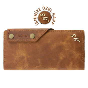 İsme Özel Dikey Çıtçıtlı Uzun Cüzdan - %100 Rainbow Deri - A010006 - Camel