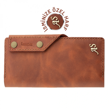İsme Özel Dikey Çıtçıtlı Uzun Cüzdan - %100 Rainbow Deri - A010006 - Tobacco