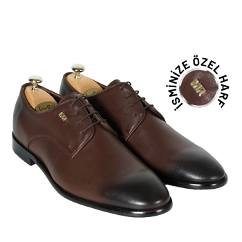 İsme Özel Bağcıklı Kösele Erkek Ayakkabı - %100 Hakiki Antik Deri - Altın Harf - AA01001 - Kahverengi
