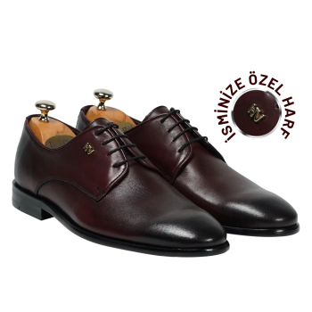 İsme Özel Bağcıklı Kösele Erkek Ayakkabı - %100 Hakiki Antik Deri - Gümüş Konseptli - AA01009 - Bordo