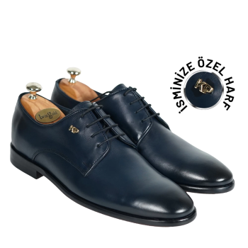 İsme Özel Bağcıklı Kösele Erkek Ayakkabı - %100 Hakiki Antik Deri - Gümüş Konseptli- AA01009 - Lacivert