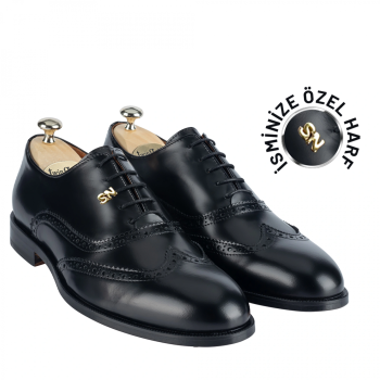 İsme Özel Oxford Erkek Ayakkabı - %100 Hakiki Açma Deri - Gümüş Konseptli- AA01012 - Siyah