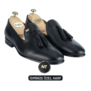 İsme Özel Püsküllü Kösele Erkek Ayakkabı - %100 Hakiki Antik Deri - Gümüş Konseptli - AA01013 - Siyah