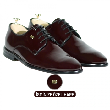 İsme Özel Rugan Bağcıklı Kösele Erkek Ayakkabı - %100 Hakiki Deri - Gümüş Konseptli - AA01014 - Bordo