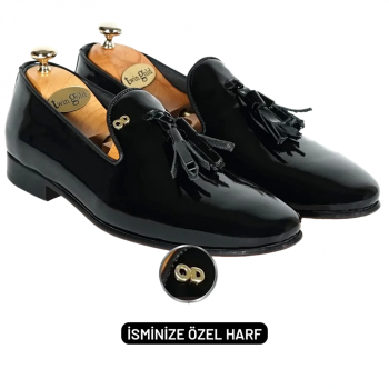 İsme Özel Rugan Püsküllü Kösele Erkek Ayakkabı - %100 Hakiki Deri - Gümüş Konseptli - AA01015 - Siyah