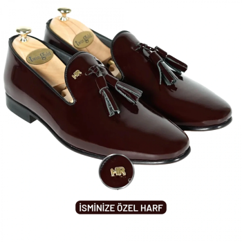 İsme Özel Rugan Püsküllü Kösele Erkek Ayakkabı - %100 Hakiki Deri - Gümüş Konseptli - AA01015 - Bordo