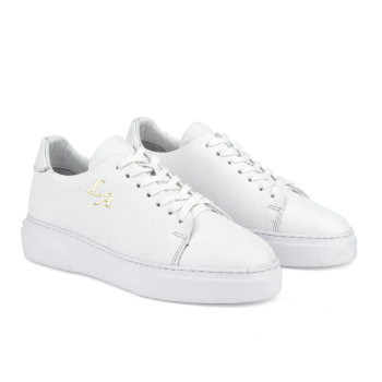 Kalın Ortopedik Tabanlı %100 Deri Sneaker Spor Ayakkabı - Beyaz