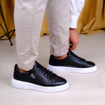 Kişiselleştirilebilir Kalın Ortopedik Tabanlı %100 Deri Sneaker Spor Ayakkabı - Siyah - Beyaz