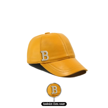İsme Özel Kep Şapka - %100 Deri - AB01012 - Sarı