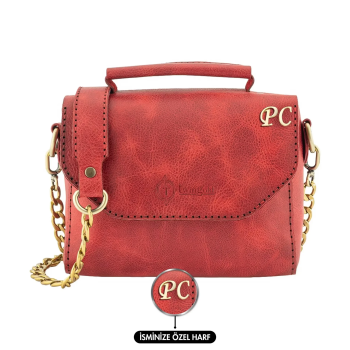 İsme Özel Çıtçıtlı Zincirli Küçük Boy El Omuz Çantası - %100 Deri - AC03001 - Kırmızı