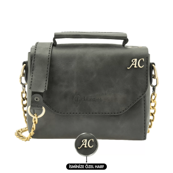 İsme Özel Çıtçıtlı Zincirli Küçük Boy El Omuz Çantası - %100 Deri - AC03001 - Antrasit