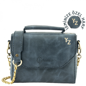 İsme Özel Çıtçıtlı Zincirli Küçük Boy El Omuz Çantası - %100 Deri - AC03001 - Lacivert