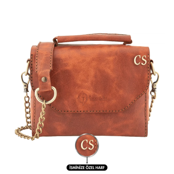 İsme Özel Çıtçıtlı Zincirli Küçük Boy El Omuz Çantası - %100 Deri - AC03001 - Tobacco