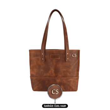 İsme Özel Tote Bag El Omuz Çantası - %100 Rainbow Deri - AC03003 - Kahverengi