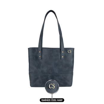 İsme Özel Tote Bag El Omuz Çantası - %100 Rainbow Deri - AC03003 - Lacivert