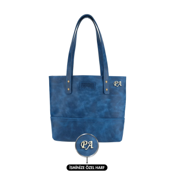 İsme Özel Tote Bag El Omuz Çantası - %100 Rainbow Deri - AC03003 - Saks Mavisi