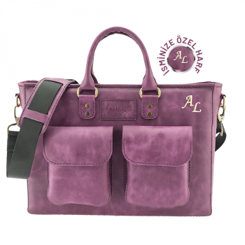 İsme Özel Askılı Cepli Evrak - Laptop Çantası - %100 Rainbow Deri - AC09002 - Mor
