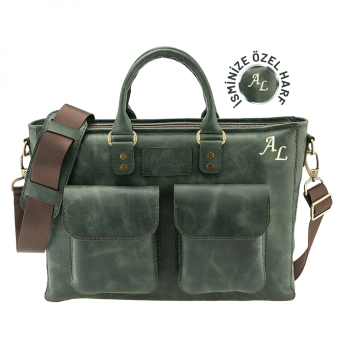 İsme Özel Askılı Cepli Evrak - Laptop Çantası - %100 Rainbow Deri - AC09002 - Haki