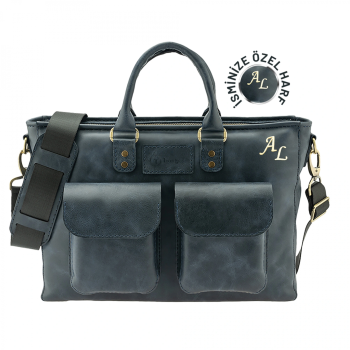 İsme Özel Askılı Cepli Evrak - Laptop Çantası - %100 Rainbow Deri - AC09002 - Lacivert