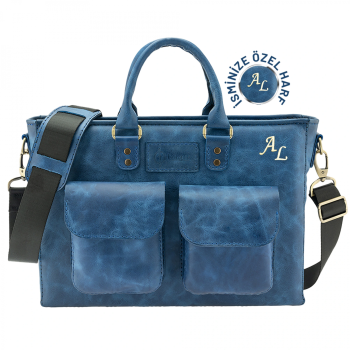İsme Özel Askılı Cepli Evrak - Laptop Çantası - %100 Rainbow Deri - AC09002 - Saks Mavisi