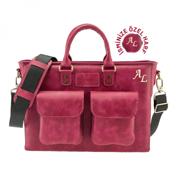 İsme Özel Askılı Cepli Evrak - Laptop Çantası - %100 Rainbow Deri - AC09002 - Fuşya