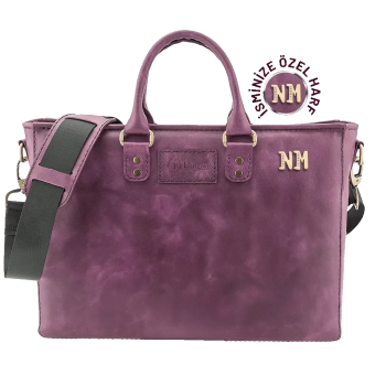 İsme Özel Günlük Kullanım El Omuz Evrak Laptop Çantası - %100 Deri - AC09004 - Mor