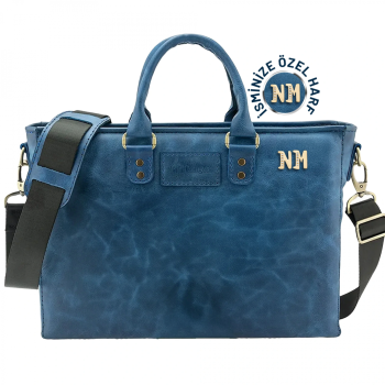 İsme Özel Günlük Kullanım El Omuz Evrak Laptop Çantası - %100 Deri - AC09004 - Saks Mavisi