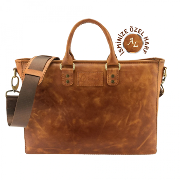 İsme Özel Günlük Kullanım El Omuz Evrak Laptop Çantası - %100 Deri - AC09004 - Camel