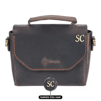 İsme Özel Çıtçıtlı Küçük Boy Zincirli El Omuz Çantası - %100 Crazy Deri - AC14003 - Kahverengi
