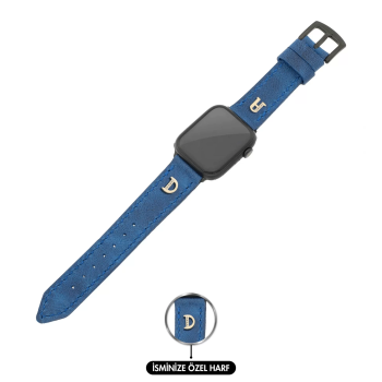 İsme Özel El Dikişli Apple Watch Saat Kordonu - %100 Çift Kat Deri - AG03001 - Saks Mavisi
