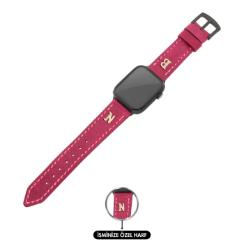 İsme Özel El Dikişli Apple Watch Saat Kordonu - %100 Çift Kat Deri - AG03001 - Fuşya